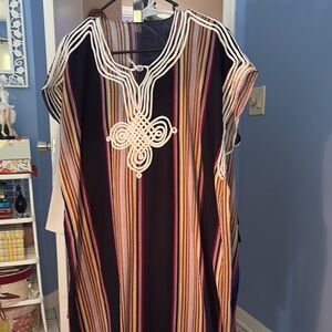 Multicolor Striped Kaftan with White Embroidery